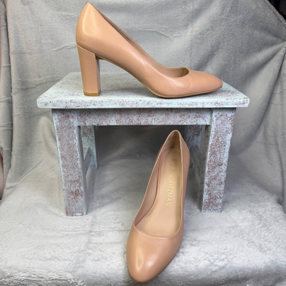 Stuart Weitzman Pump Women Size 9B Nude Leather Block Heel Round Toe SG727